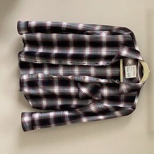 Dark blue, white, brown, and maroon long sleeved flannel shirt